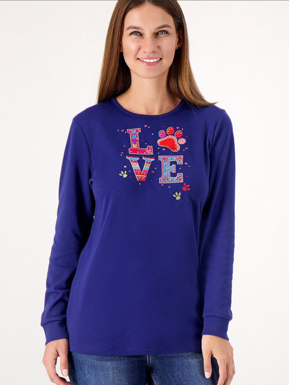 Quacker Factory Love My Pet Knit Top Blue Paw Print Rhinestone Dog Lover Large